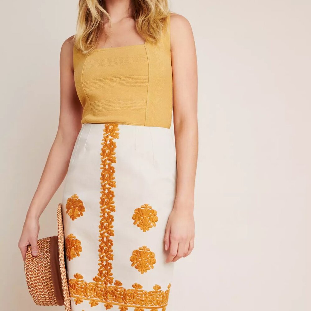 Anthropologie Verona Yellow and Tan Embroidered Pencil Skirt - Size 4